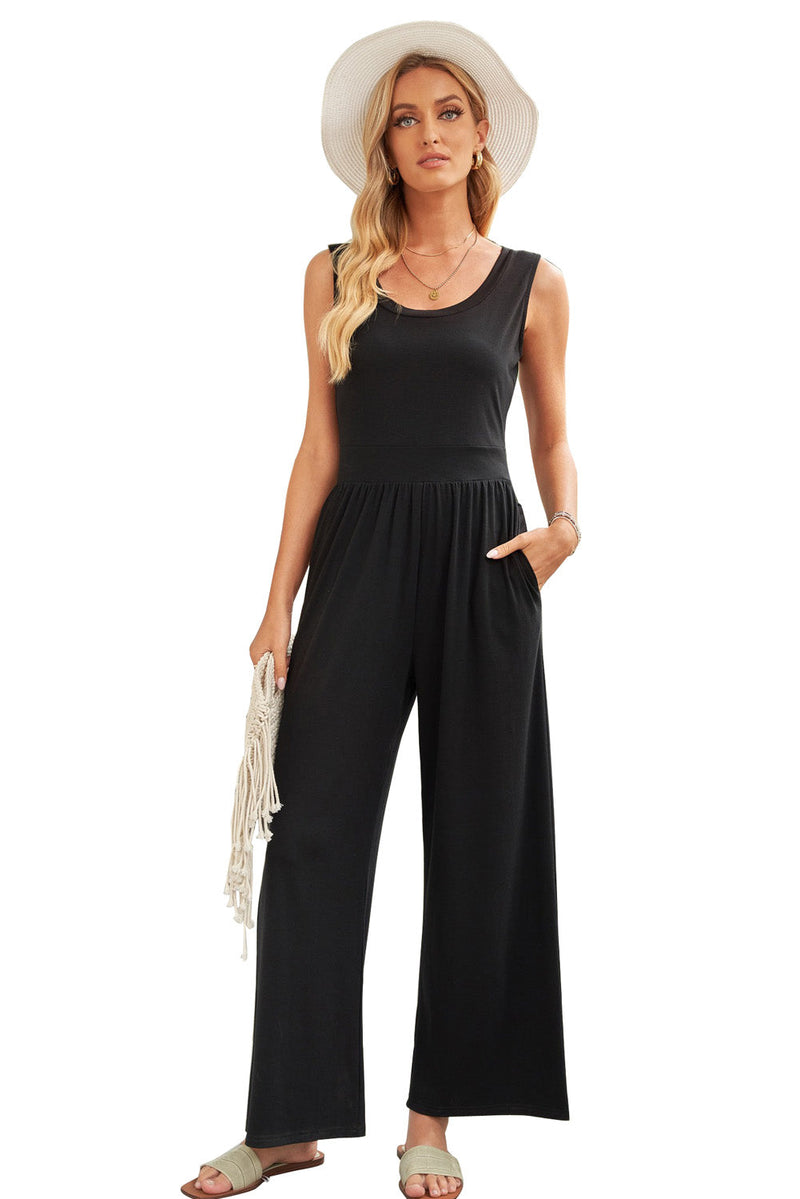 Casual Black Sleeveless Wide Leg Jumpsuit