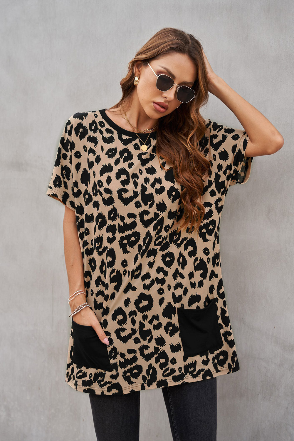 Casual Brown Leopard Print Pocketed T-shirt Mini Dress