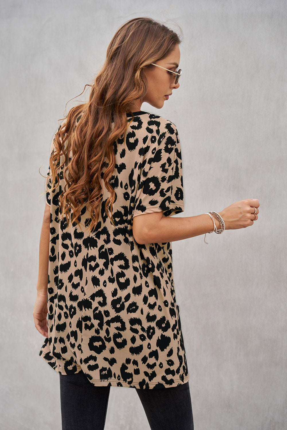 Casual Brown Leopard Print Pocketed T-shirt Mini Dress