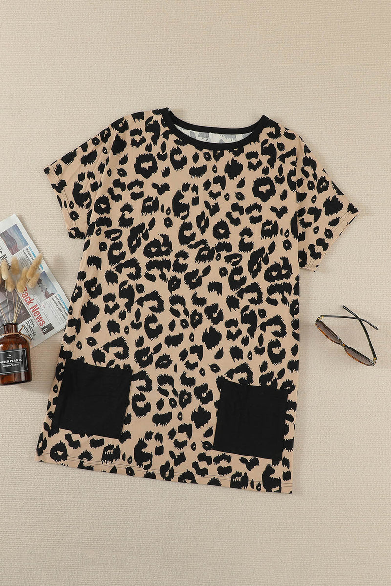 Casual Brown Leopard Print Pocketed T-shirt Mini Dress