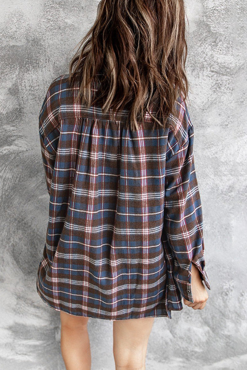 Casual Brown Pocket Buttons Long Sleeve Plaid Shirt