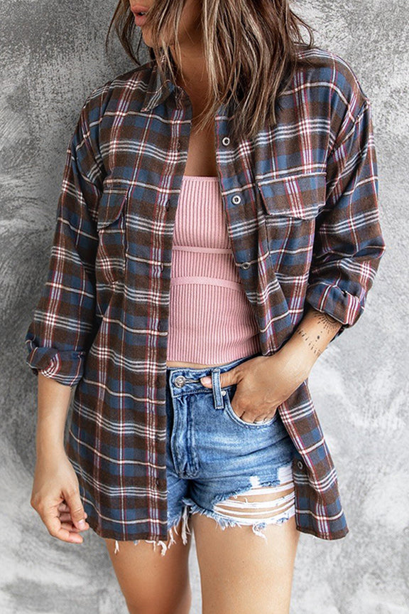 Casual Brown Pocket Buttons Long Sleeve Plaid Shirt