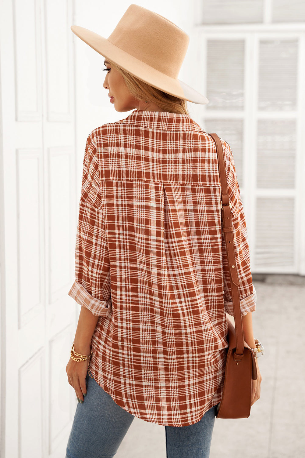 Casual Brown Relaxed Fit Plaid Button Women Shirt