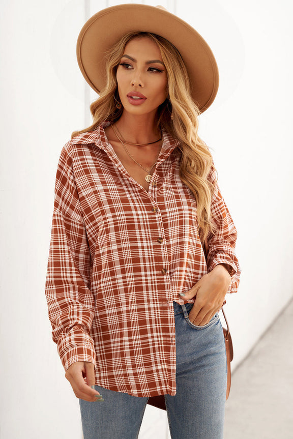 Casual Brown Relaxed Fit Plaid Button Women Shirt