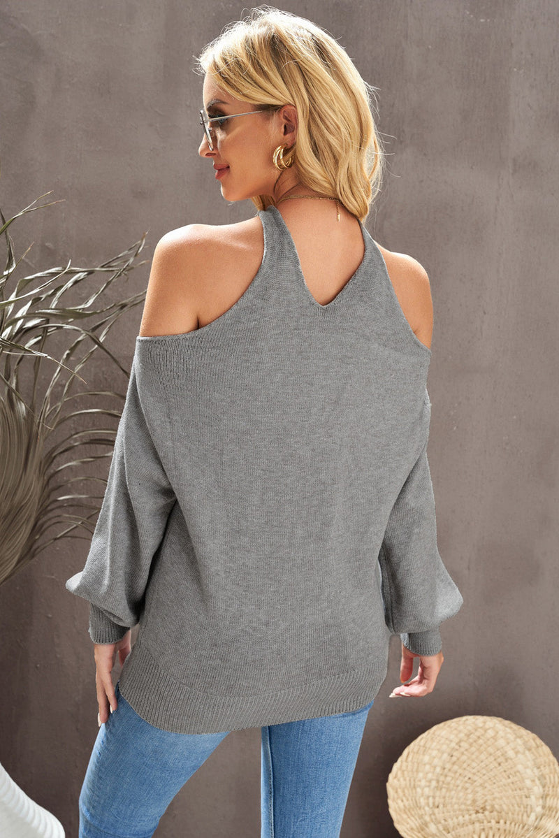 Casual Grey V Neck Twisted Back Cold Shoulder Sweater