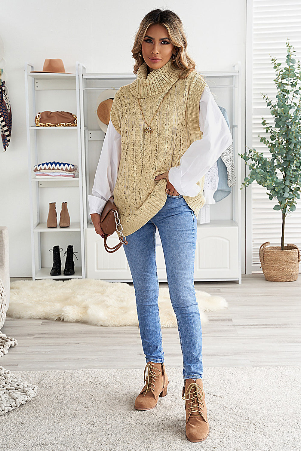 Casual Khaki Turtleneck Braided Knitted Vest