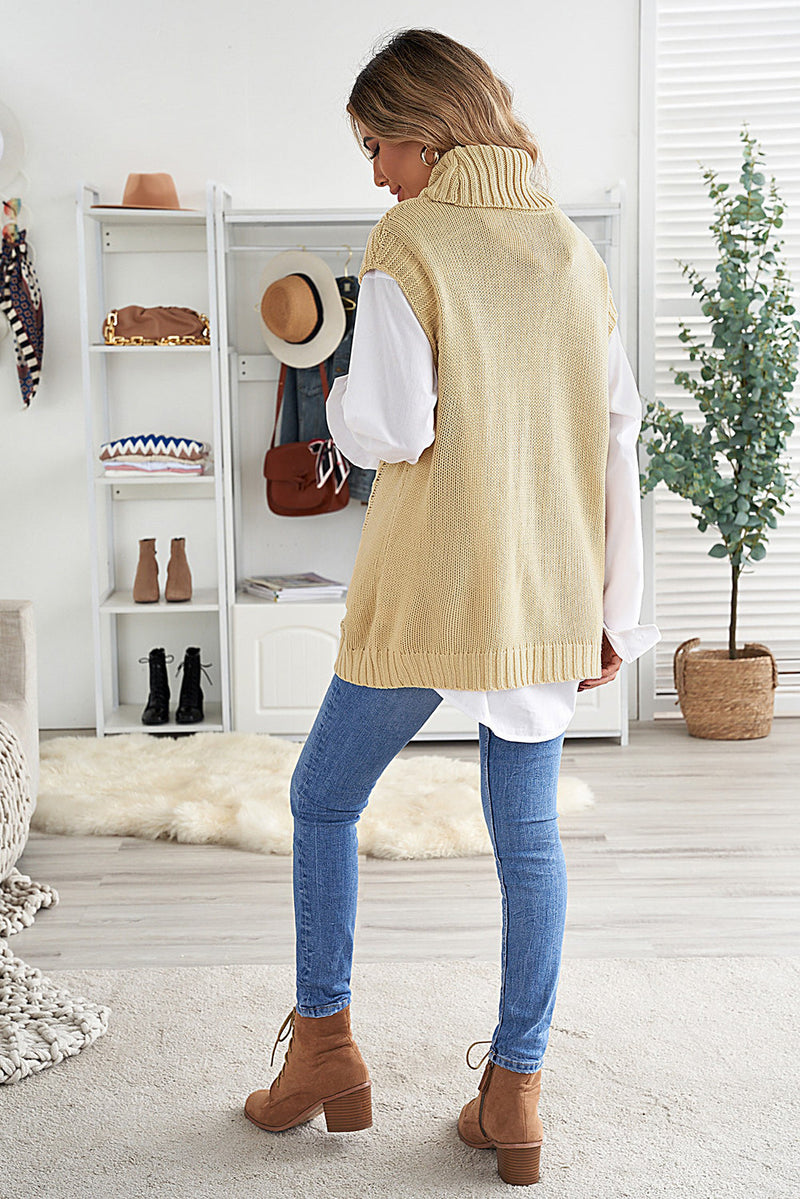 Casual Khaki Turtleneck Braided Knitted Vest