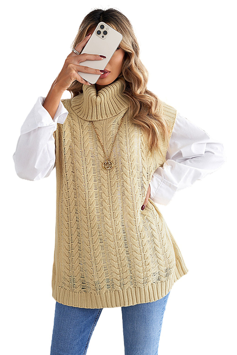 Casual Khaki Turtleneck Braided Knitted Vest