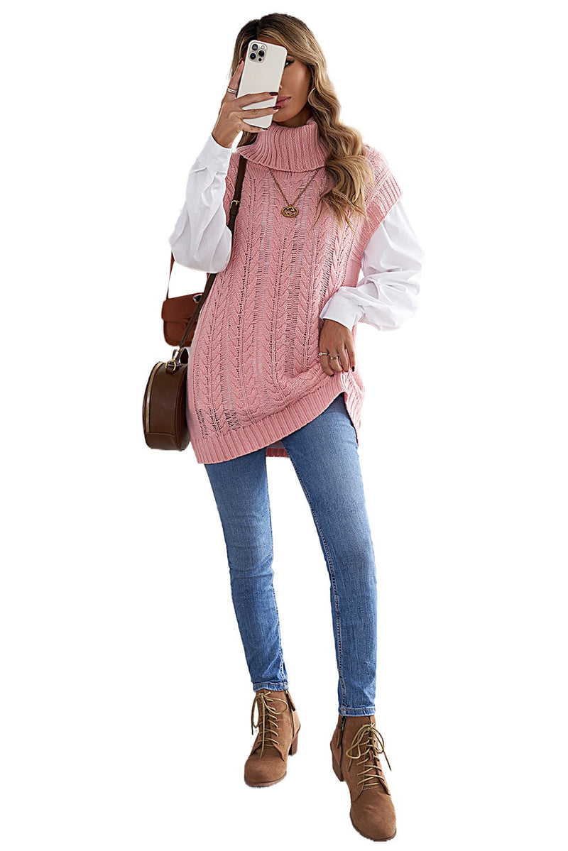 Casual Pink Turtleneck Braided Knitted Vest