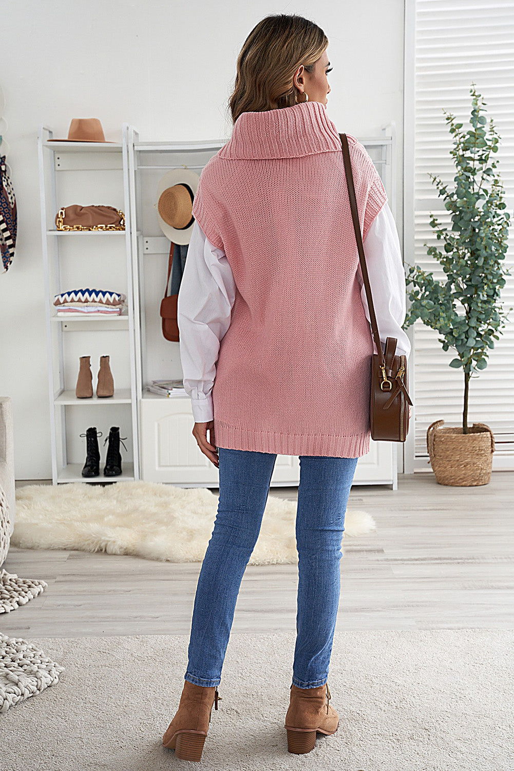 Casual Pink Turtleneck Braided Knitted Vest