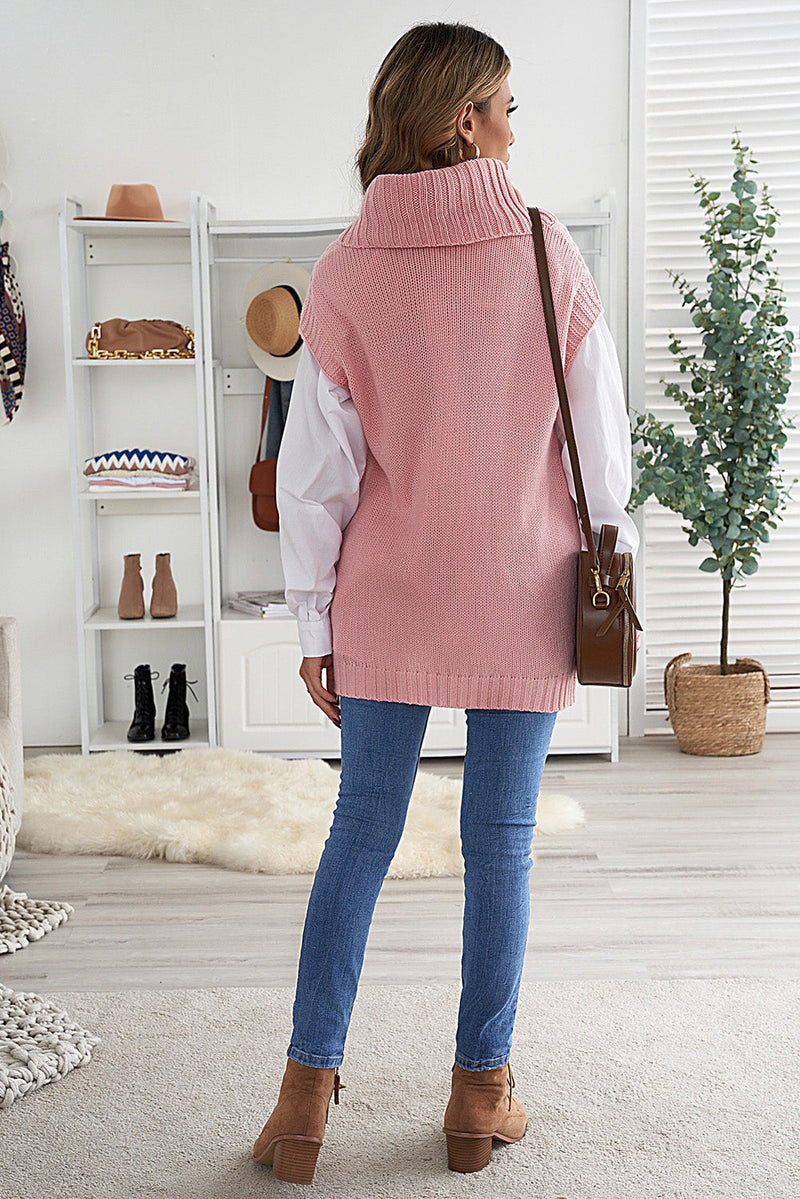 Casual Pink Turtleneck Braided Knitted Vest