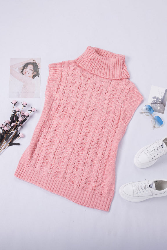 Casual Pink Turtleneck Braided Knitted Vest