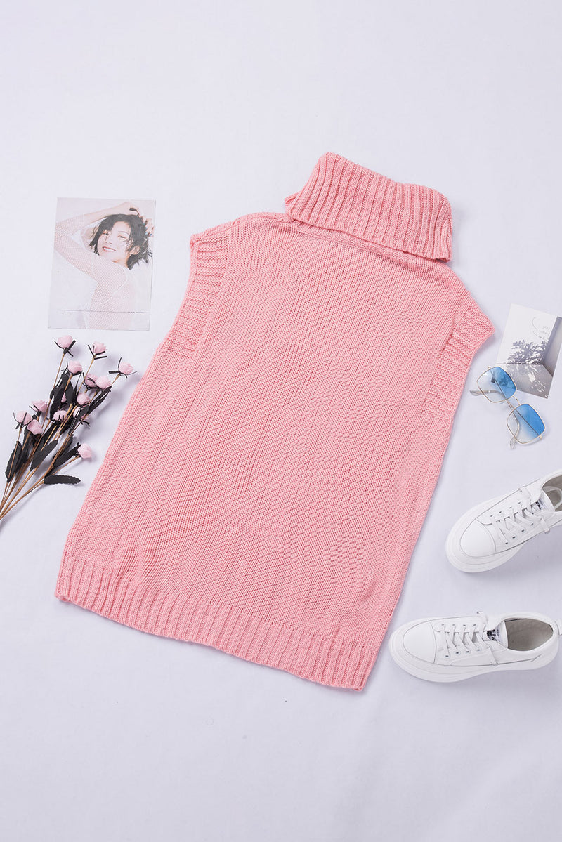 Casual Pink Turtleneck Braided Knitted Vest