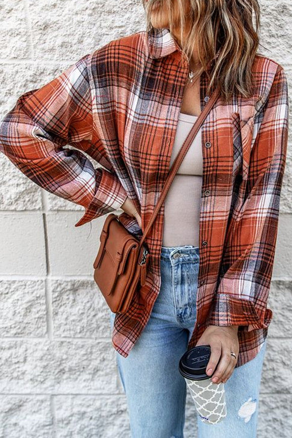 Casual Red Plaid Long Sleeve Shirt with Pocket