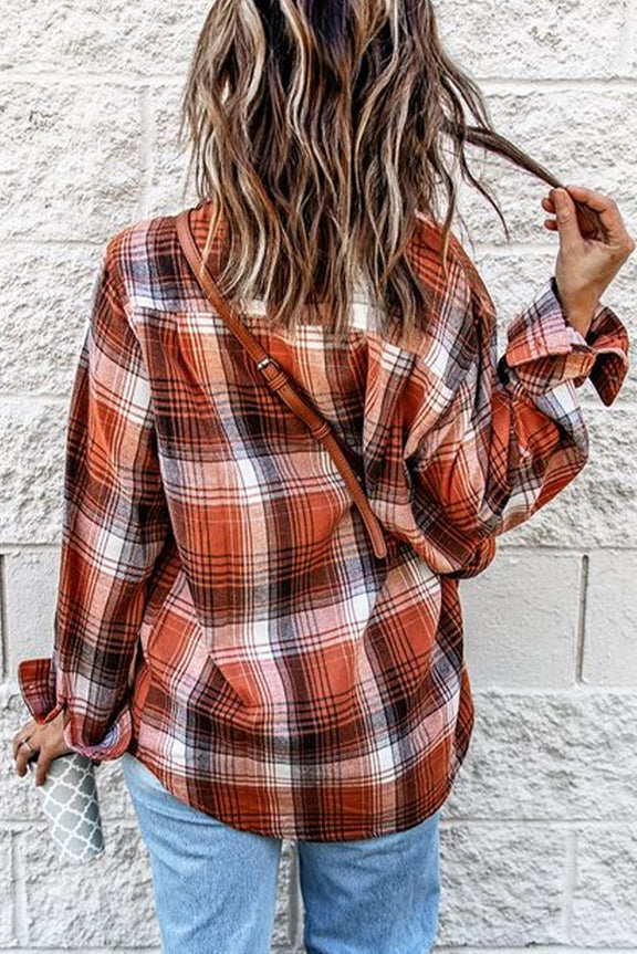 Casual Red Plaid Long Sleeve Shirt with Pocket