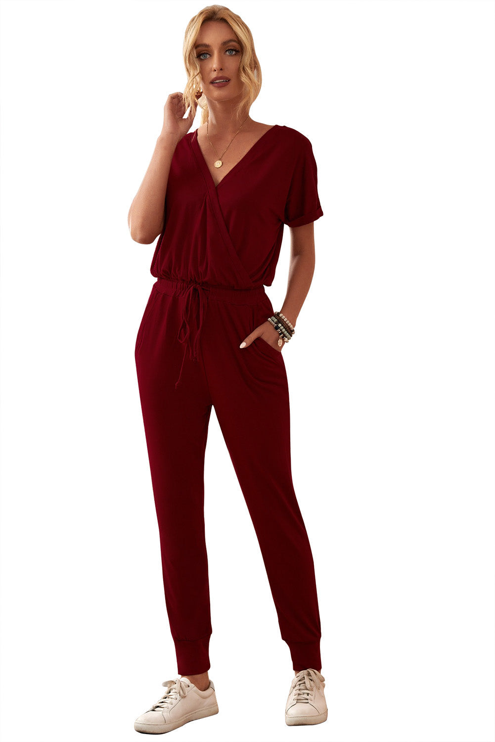 Casual Red Short Sleeve V Neck Wrap Front Jumpsuits