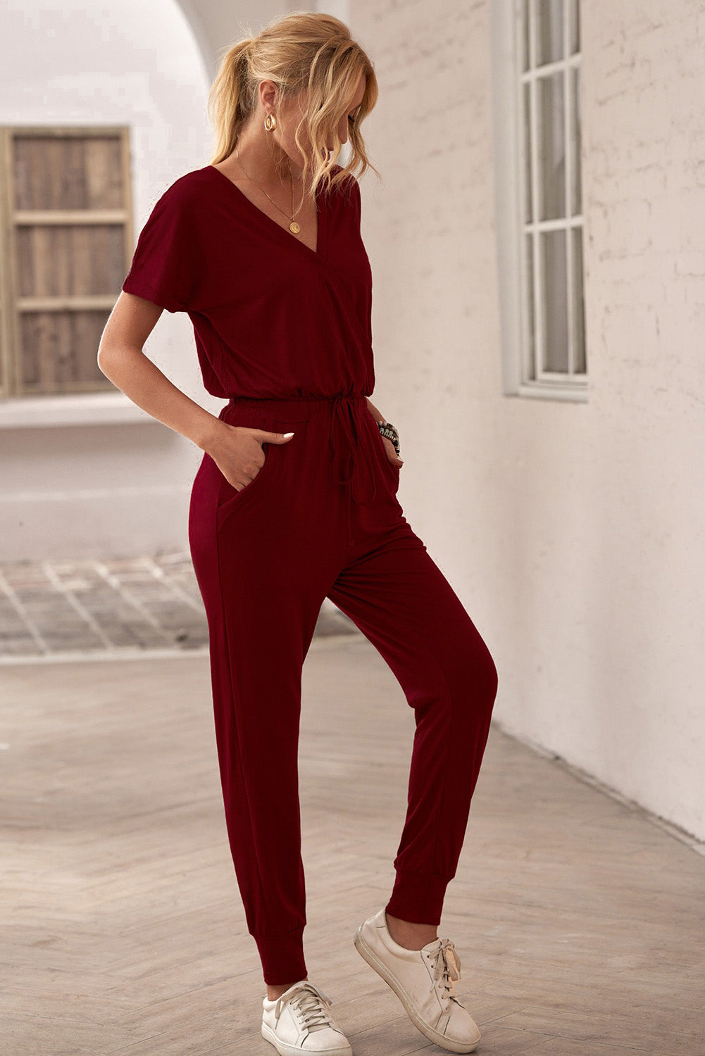 Casual Red Short Sleeve V Neck Wrap Front Jumpsuits