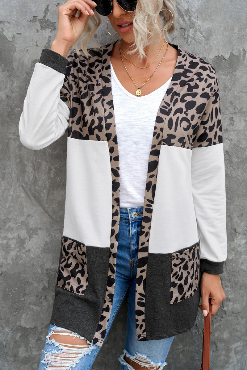 Casual White Leopard Block Cardigan with Pockets