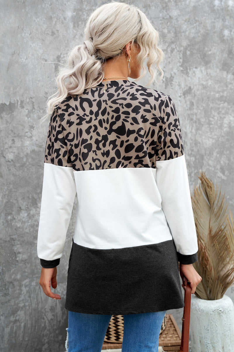 Casual White Leopard Block Cardigan with Pockets