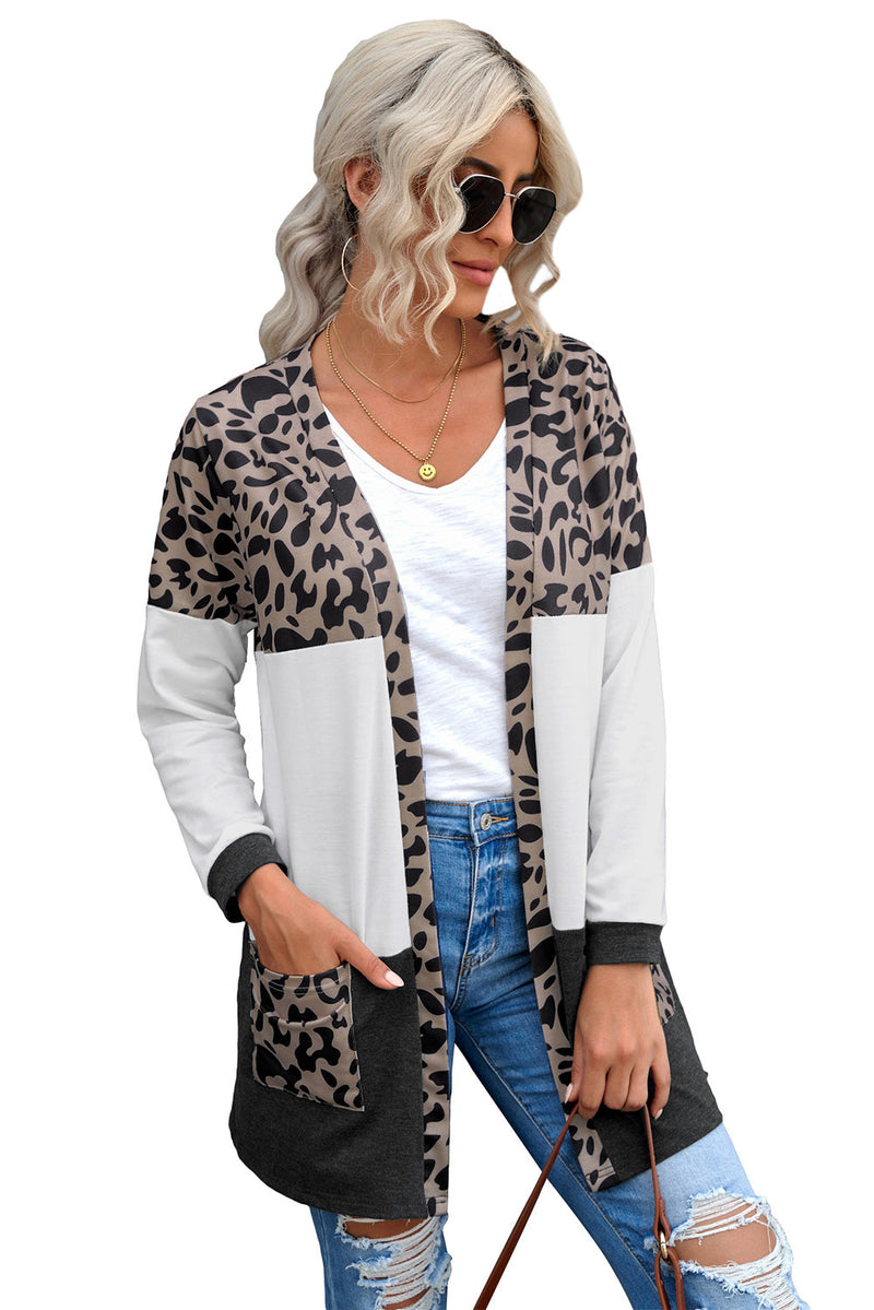 Casual White Leopard Block Cardigan with Pockets