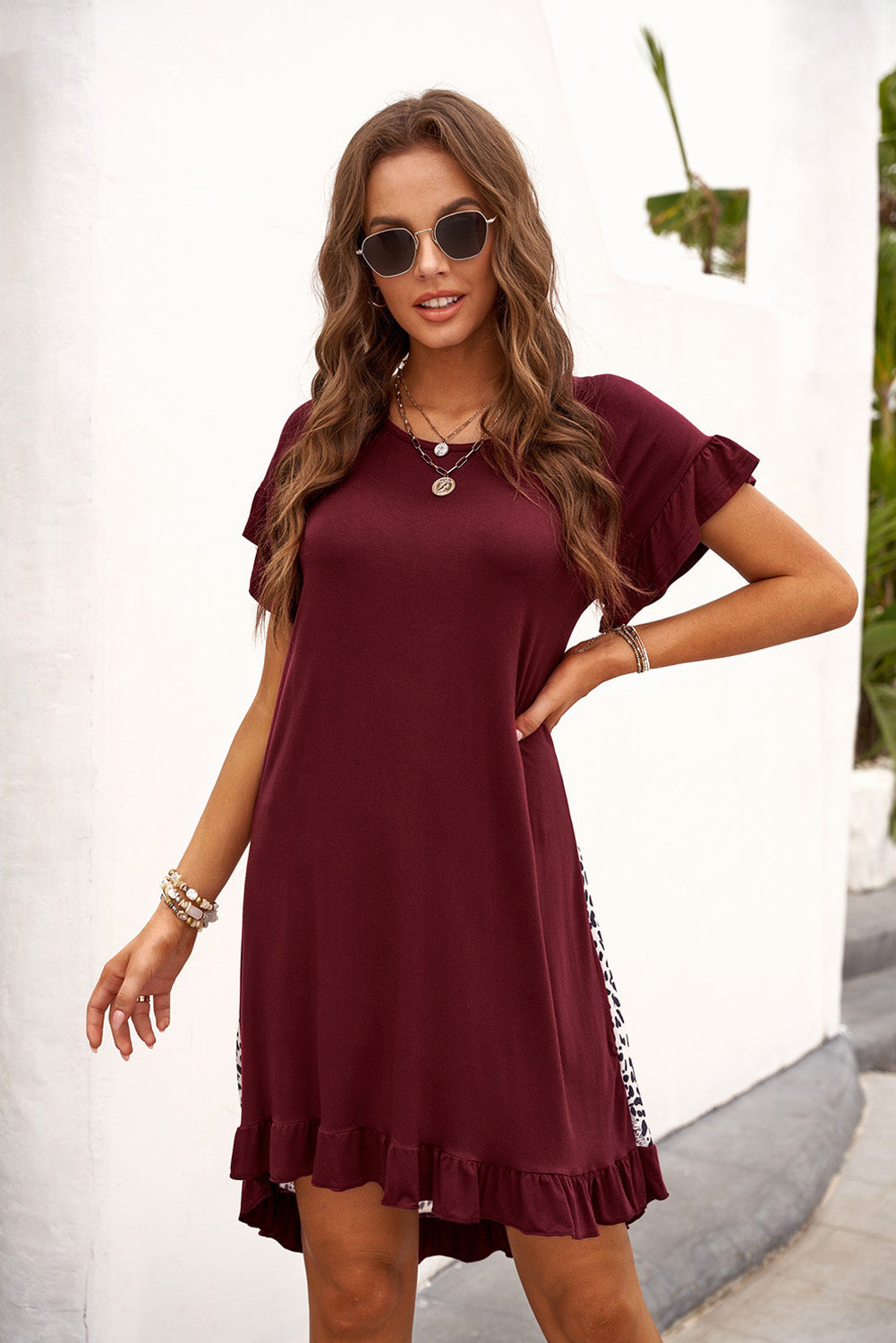 Casual Wine Flounce Design Leopard Printed Short Sleeve Mini Dress