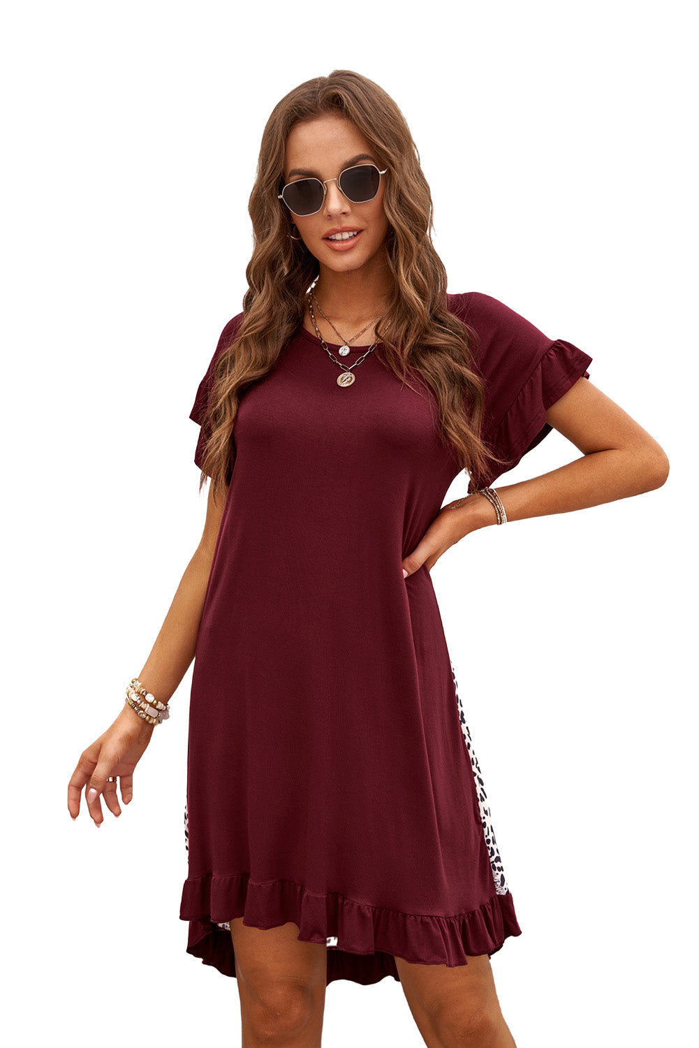 Casual Wine Flounce Design Leopard Printed Short Sleeve Mini Dress