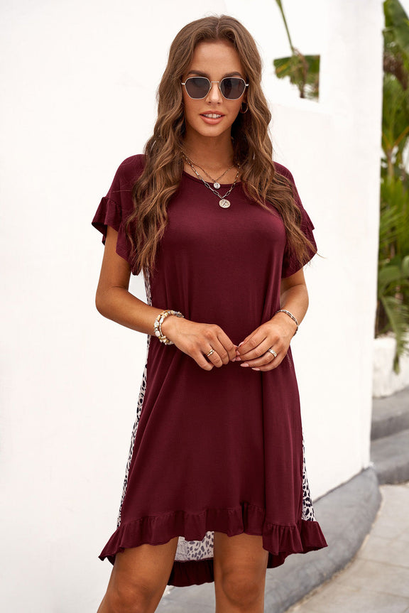 Casual Wine Flounce Design Leopard Printed Short Sleeve Mini Dress