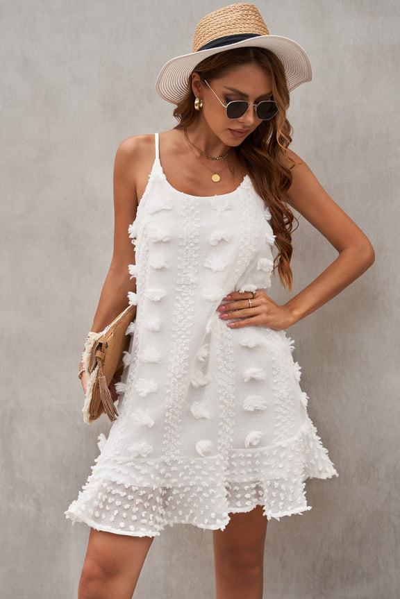 Chic Cute White Spaghetti Straps Jacquard Ruffle Mini Dress, Shop for cheap Chic Cute White Spaghetti Straps Jacquard Ruffle Mini Dress online? Buy at Modeshe.com on sale!