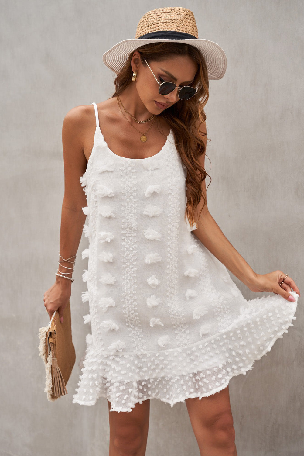 Chic Cute White Spaghetti Straps Jacquard Ruffle Mini Dress, Shop for cheap Chic Cute White Spaghetti Straps Jacquard Ruffle Mini Dress online? Buy at Modeshe.com on sale!