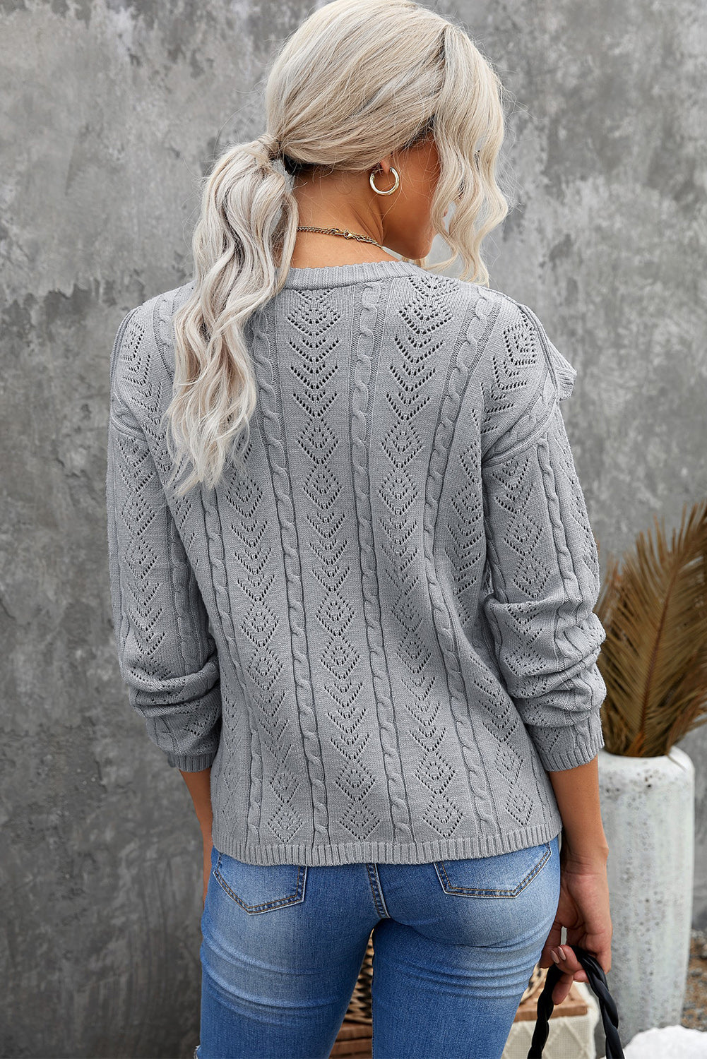 Chic Gray Ruffled Buttoned Open Front V Neck Knitted Sweater