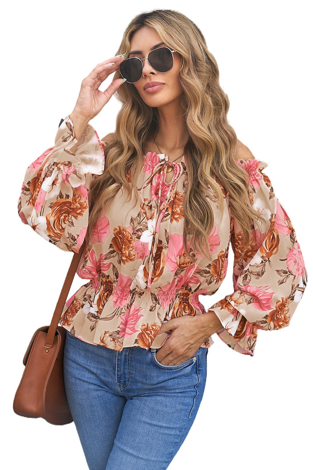 Chic Pink Floral Print Off the Shoulder Long Sleeve Blouse