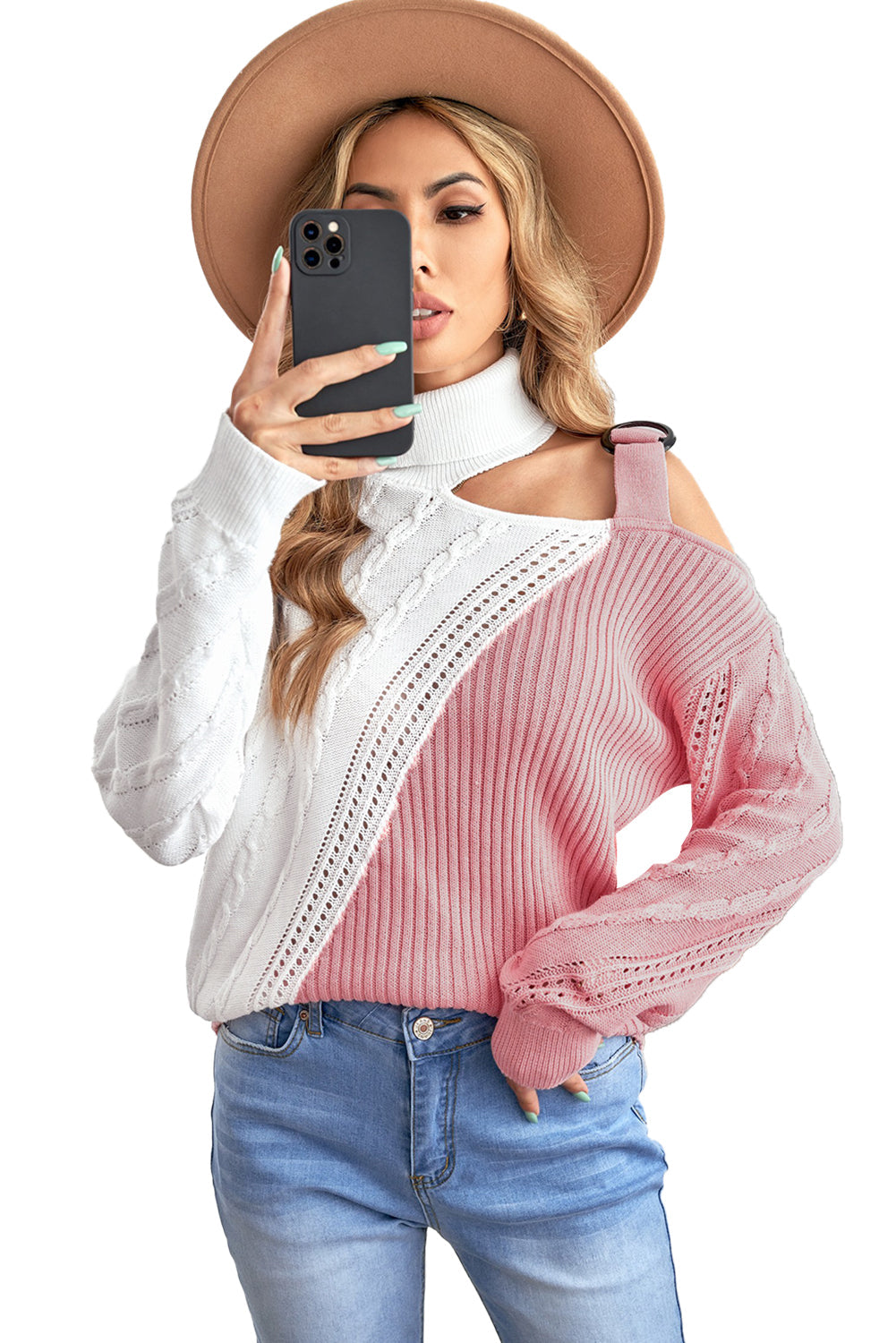 Chic Pink Turtleneck Cold Shoulder Sweater