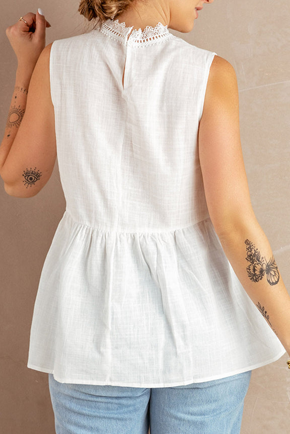 Chic White Embroidered Crochet Babydoll Tank