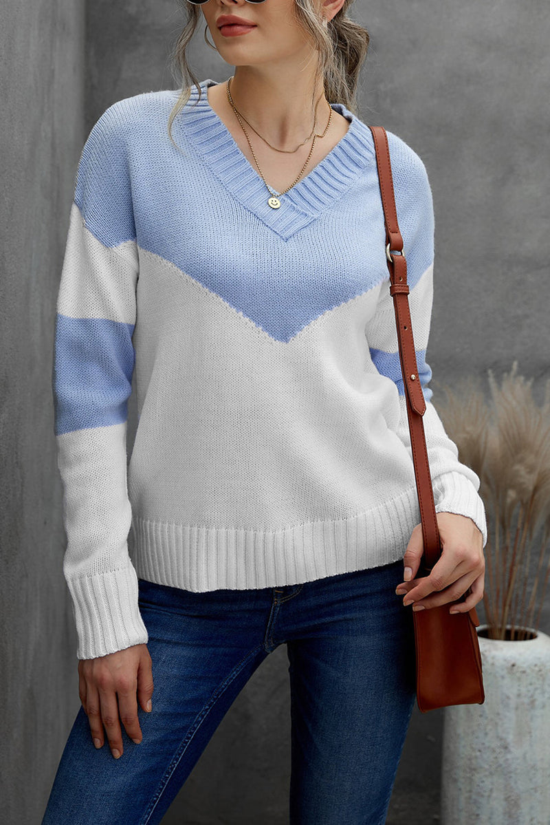 Chunky Colorblock V Neck Casual Sweater