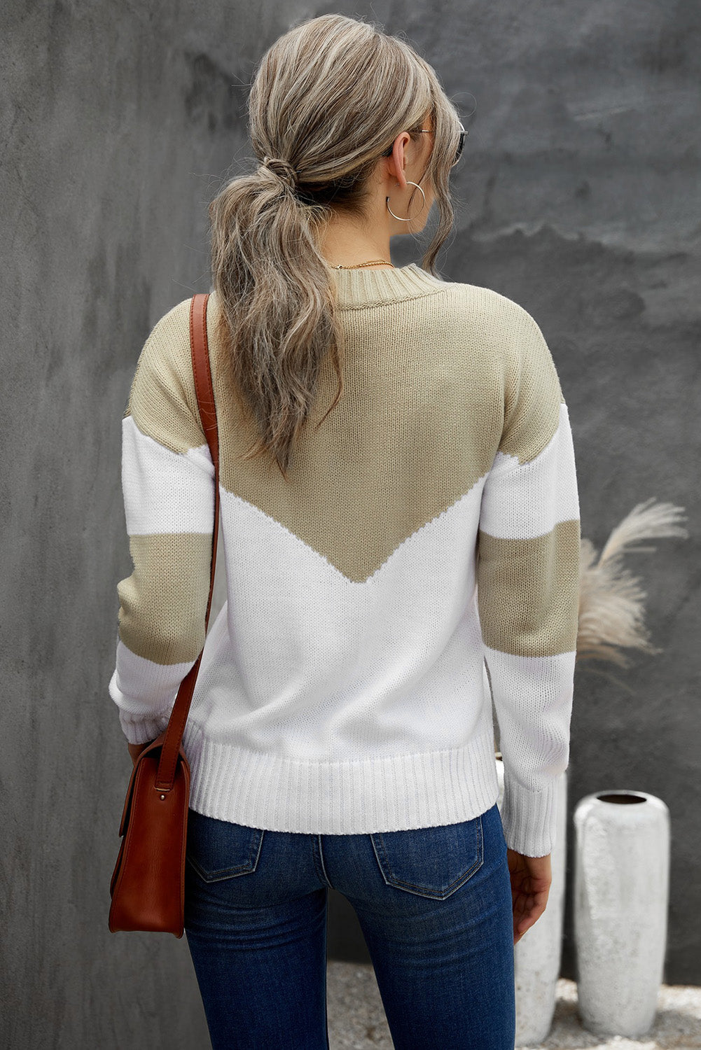 Chunky Colorblock V Neck Casual Sweater