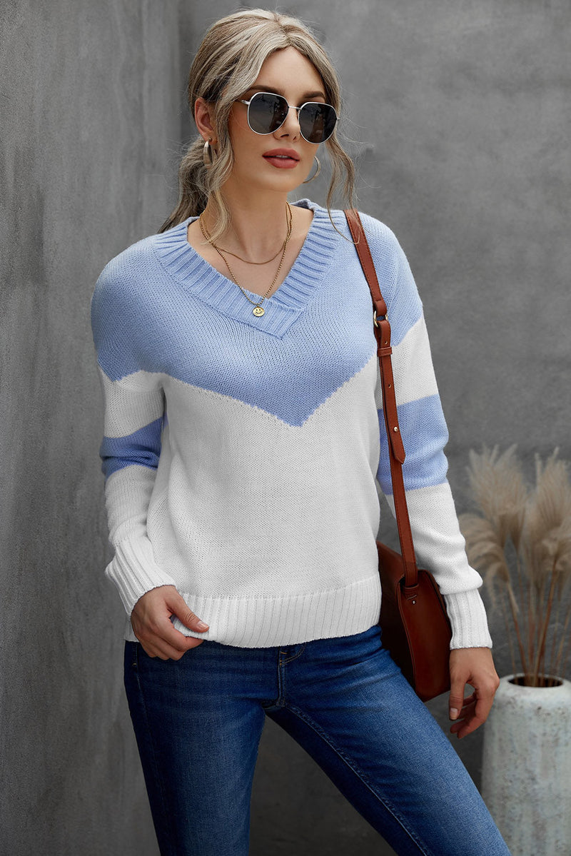 Chunky Colorblock V Neck Casual Sweater