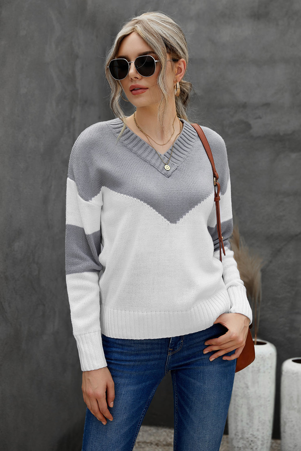 Chunky Colorblock V Neck Casual Sweater