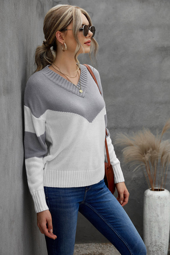 Chunky Colorblock V Neck Casual Sweater