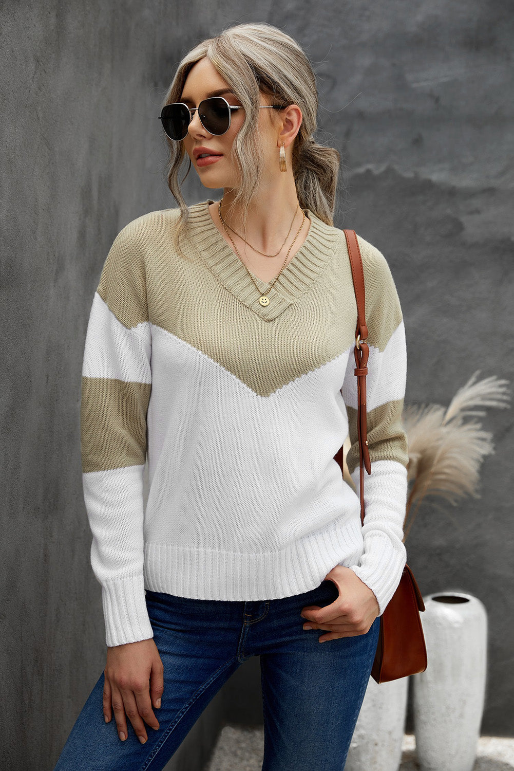 Chunky Colorblock V Neck Casual Sweater