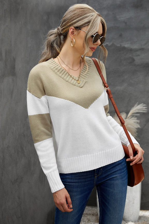 Chunky Colorblock V Neck Casual Sweater