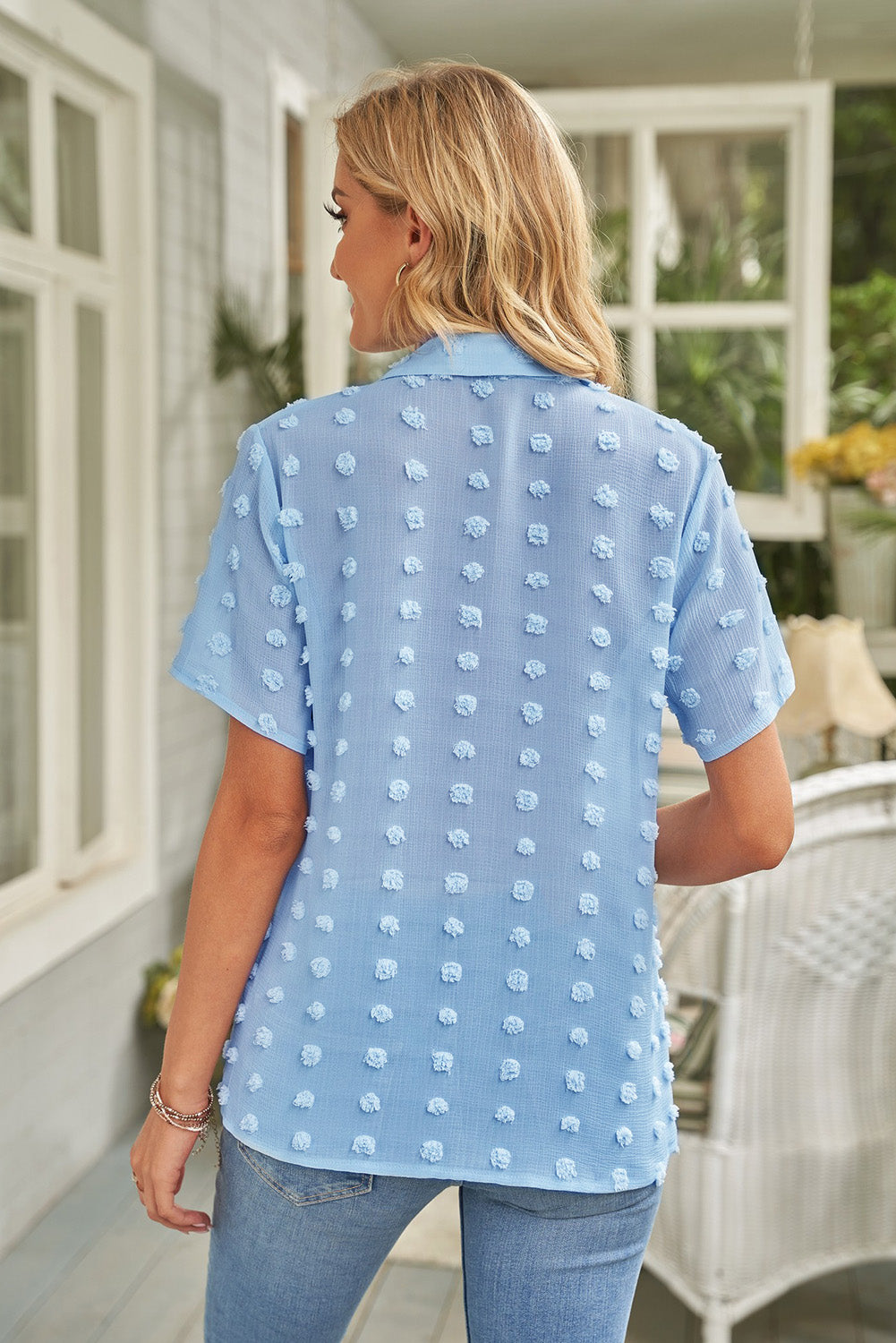 Classic Sky Blue Buttoned Swiss Dot Turn-down Collar Short Sleeve Shirt