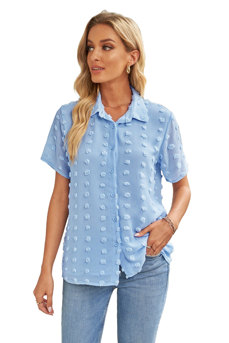 Classic Sky Blue Buttoned Swiss Dot Turn-down Collar Short Sleeve Shirt