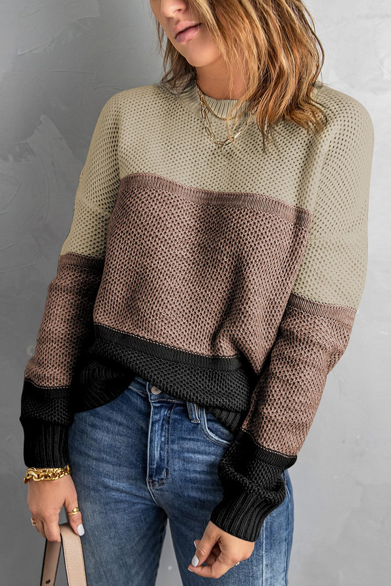 Comfy Khaki Color Block Netted Texture Pullover Sweater