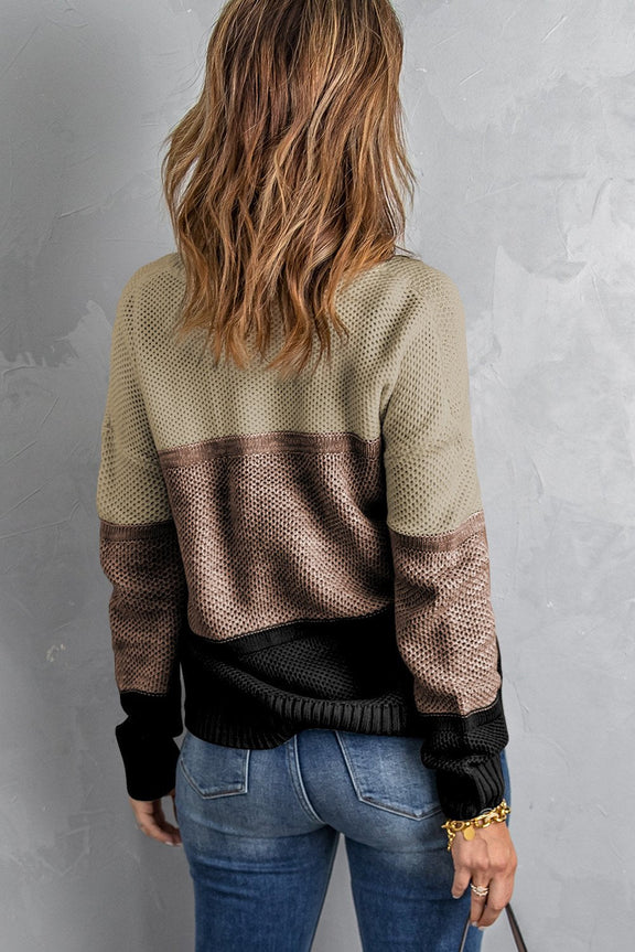 Comfy Khaki Color Block Netted Texture Pullover Sweater