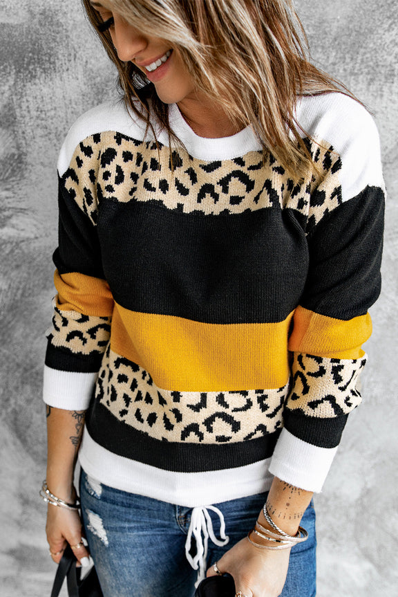 New Orange Crewneck Leopard Color Block Knit Pullover Sweater