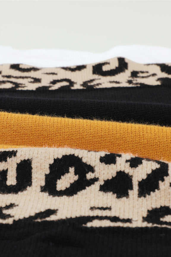 New Orange Crewneck Leopard Color Block Knit Pullover Sweater