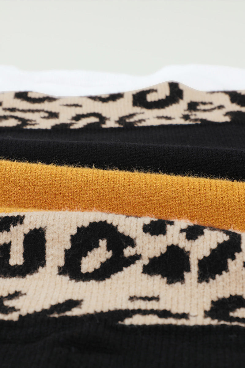 New Orange Crewneck Leopard Color Block Knit Pullover Sweater