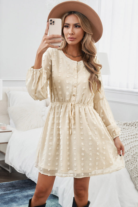 Cute Beige Swiss Dot Buttoned Drawstring Long Puff Sleeve Shirt Dress