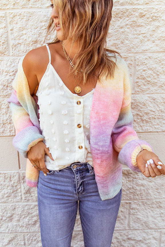 Cute Multicolor Ombre Tie-dye Drop Shoulder Wool Cardigan