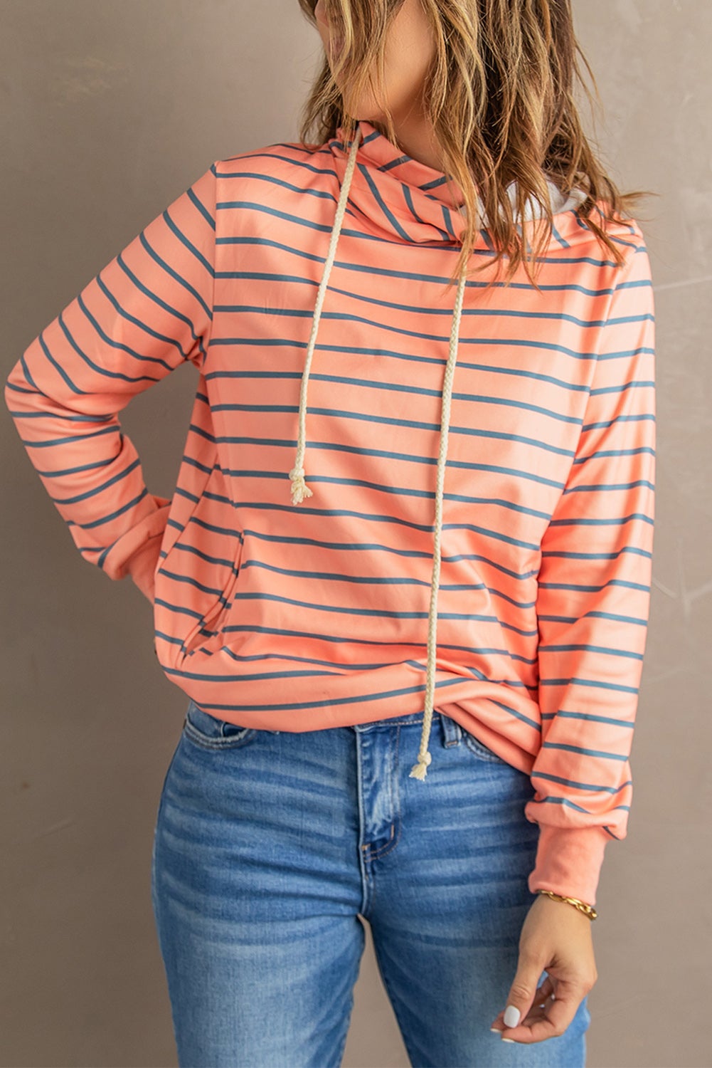 Cute Orange Striped Turtleneck Hoodie with Pocket